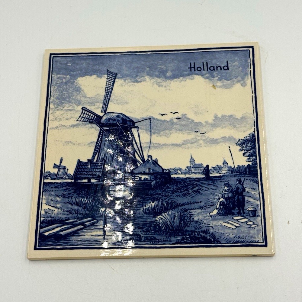 Unmarked 6x6 Square Ceramic Decorative Tile Scenic Windmill Holland Blue White
